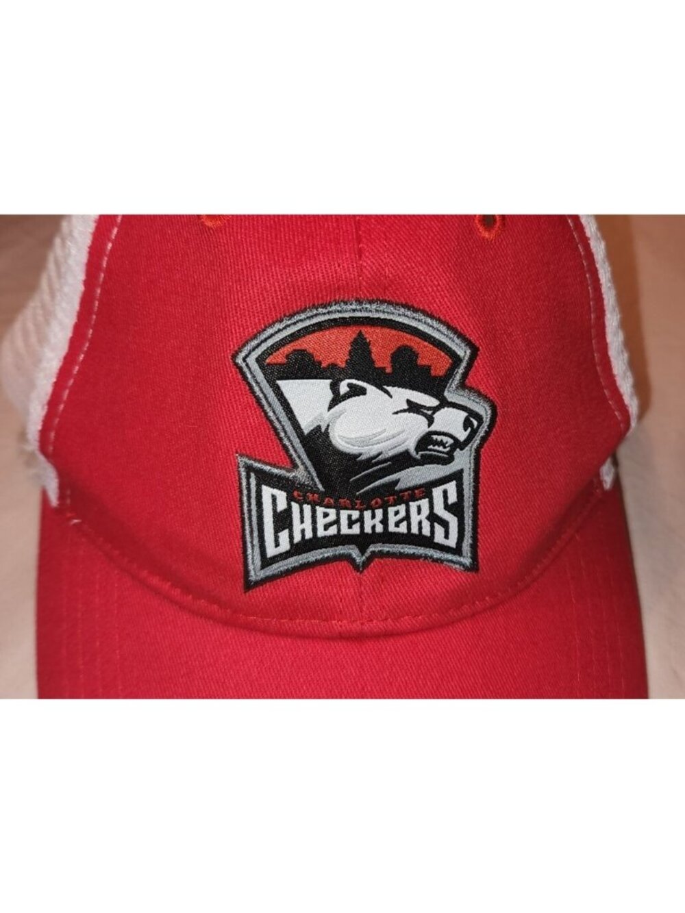 CHARLOTTE CHECKERS Snapback Hat Hockey Red Logo White Mesh Trucker PREOWNED